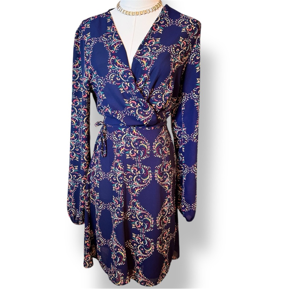 LUSH Navy Blue Paisley Long Sleeve Midi Wrap Dress
